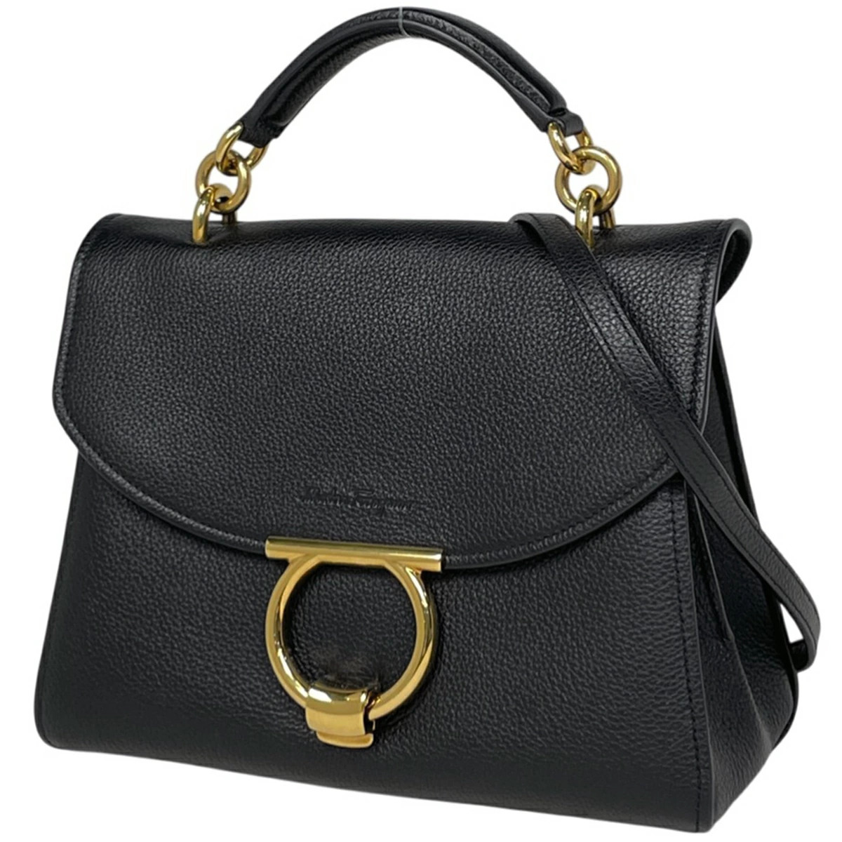 Salvatore Ferragamo Gancini Handbag Shoulder Bag Leather Black